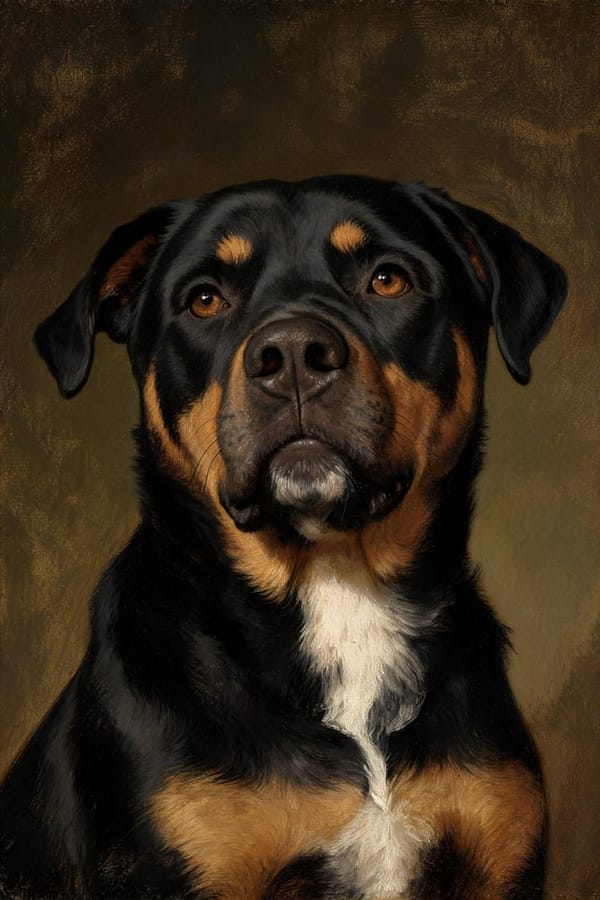 A nineteenth-century style oil portrait of a rottweiler