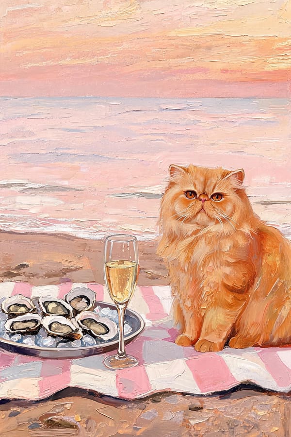 A ginger Persian cat on a striped picnic blanket at dusk, beside oysters and a glass of champagne