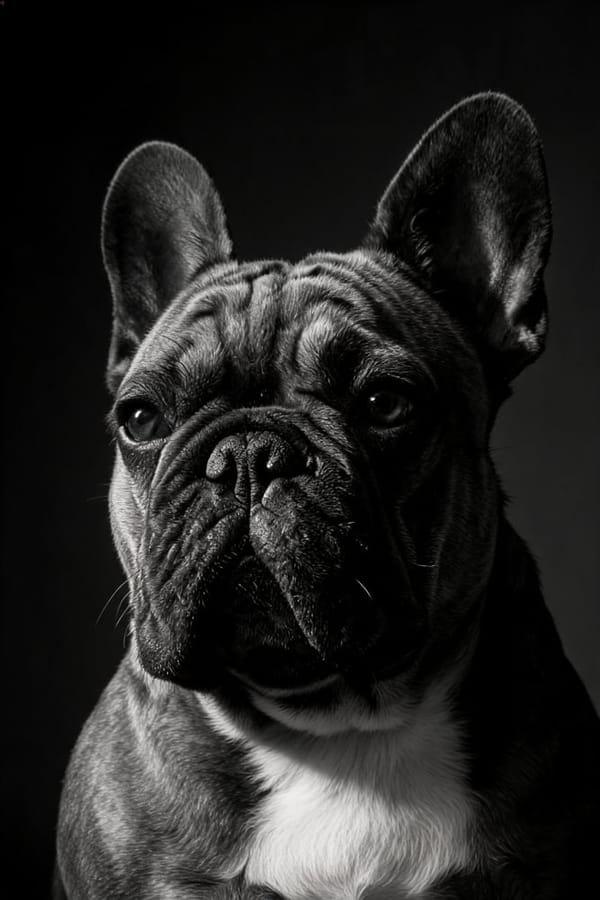 A black-and-white studio portrait of a French bulldog